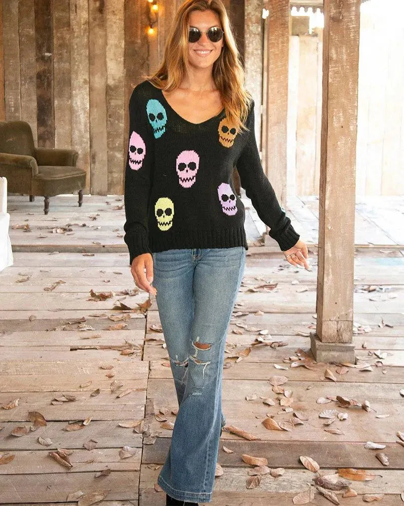 Multi Skulls V Neck Cotton by Wooden Ships | Black Multi