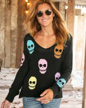 Multi Skulls V Neck Cotton by Wooden Ships | Black Multi