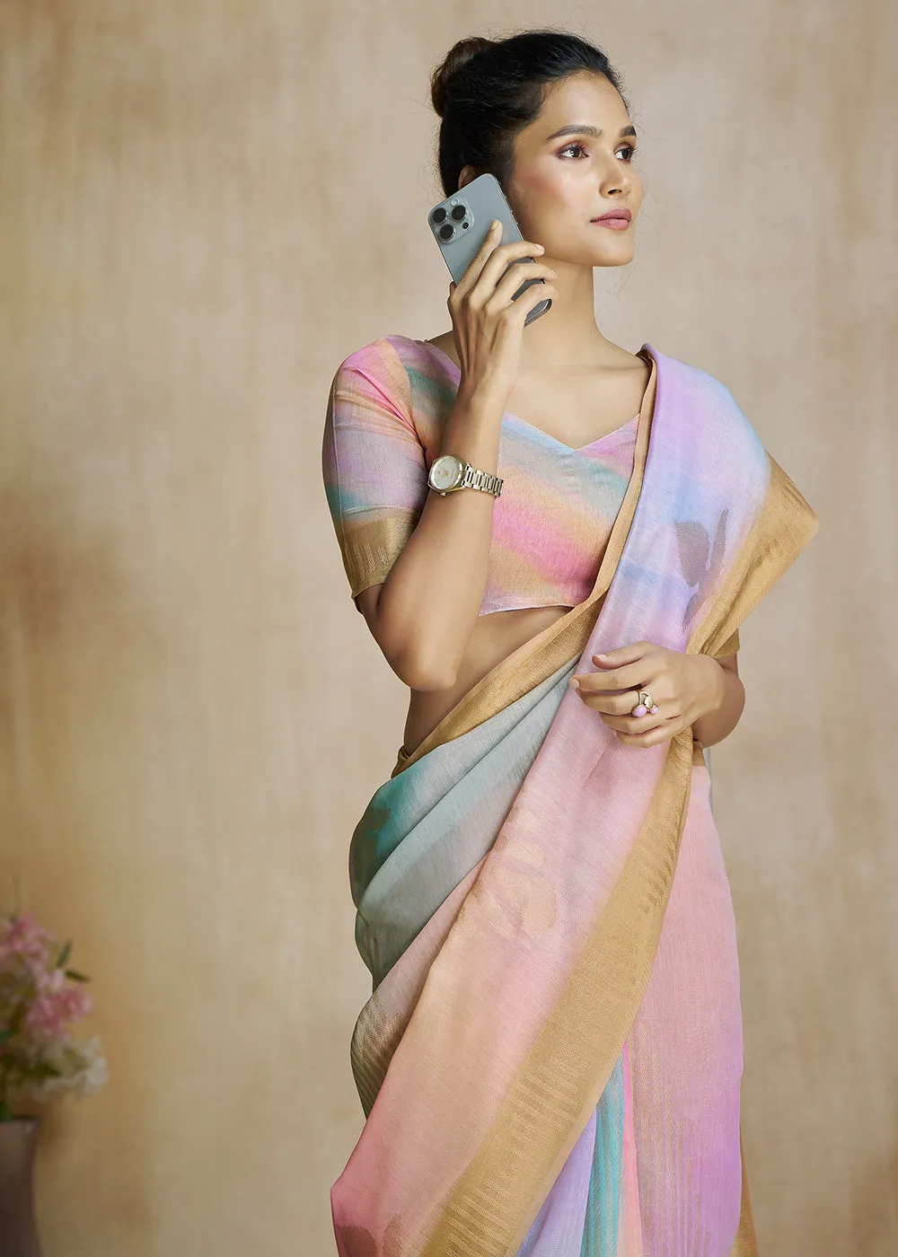 Multicolor Woven Soft Silk Saree With Digital Printed