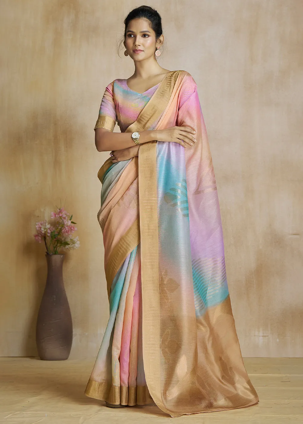 Multicolor Woven Soft Silk Saree With Digital Printed
