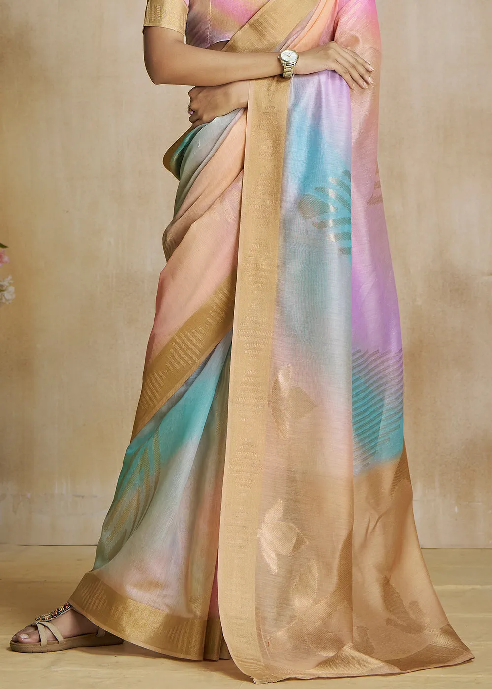 Multicolor Woven Soft Silk Saree With Digital Printed