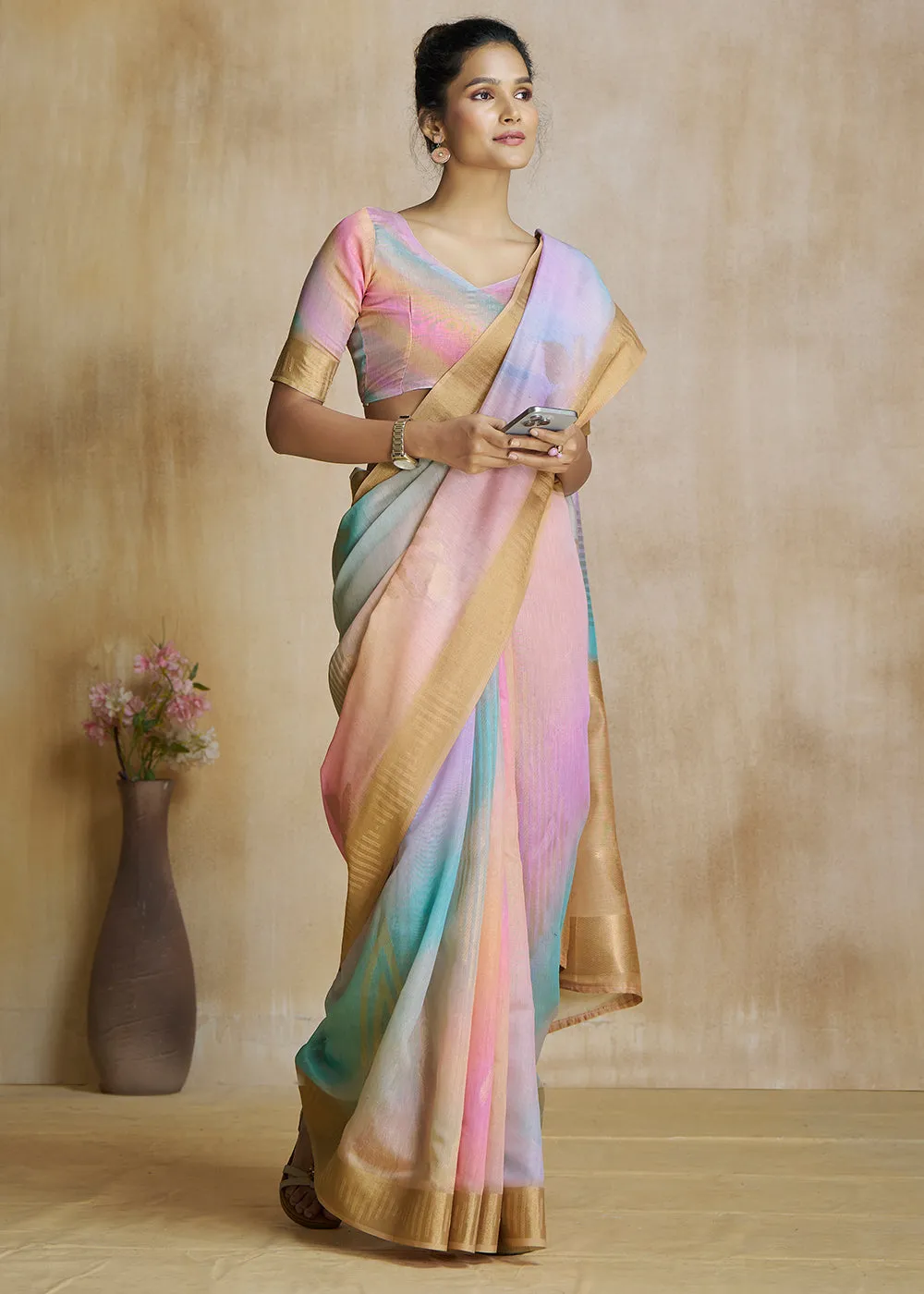 Multicolor Woven Soft Silk Saree With Digital Printed