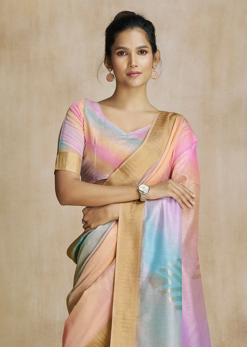 Multicolor Woven Soft Silk Saree With Digital Printed