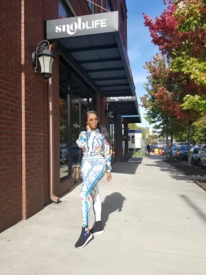 Nanci White Multi Color Floral Print Stretch Fit Tracksuit