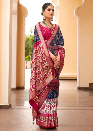 Navy Blue Printed Patola Soft Silk Saree