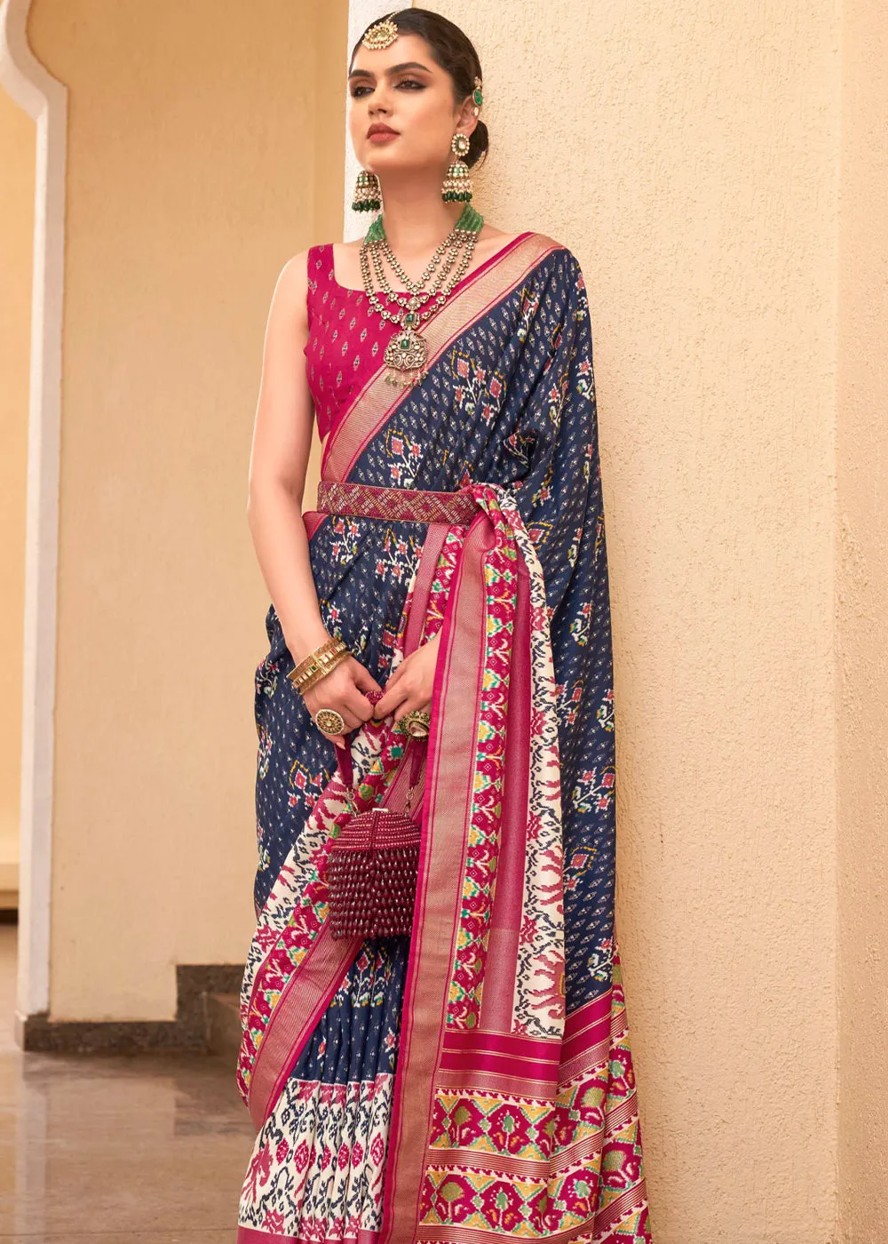 Navy Blue Printed Patola Soft Silk Saree