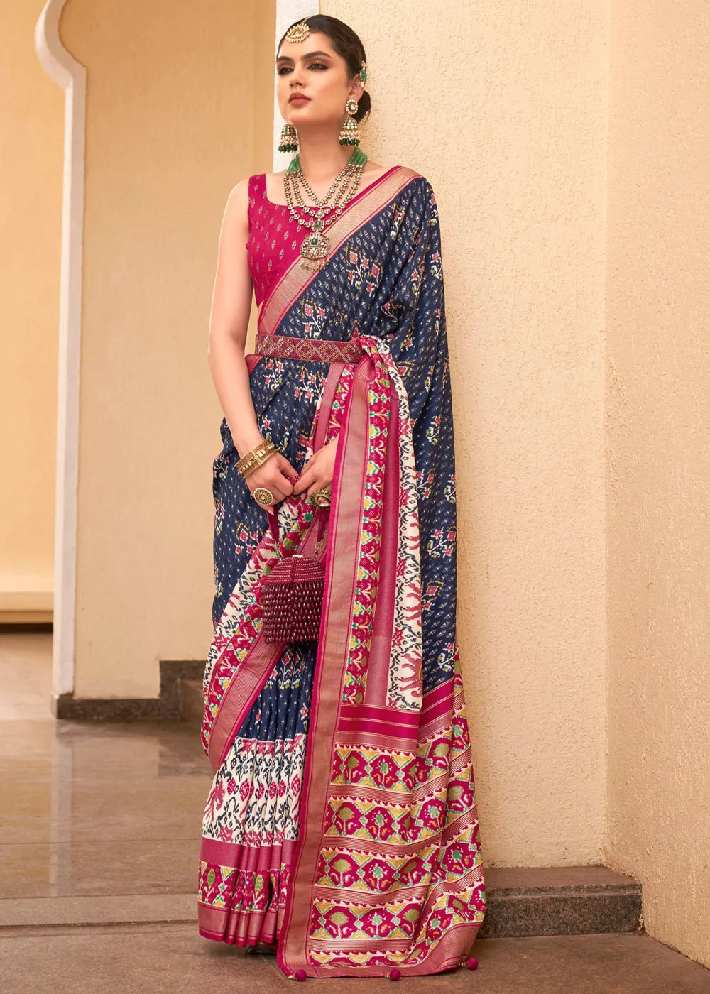 Navy Blue Printed Patola Soft Silk Saree
