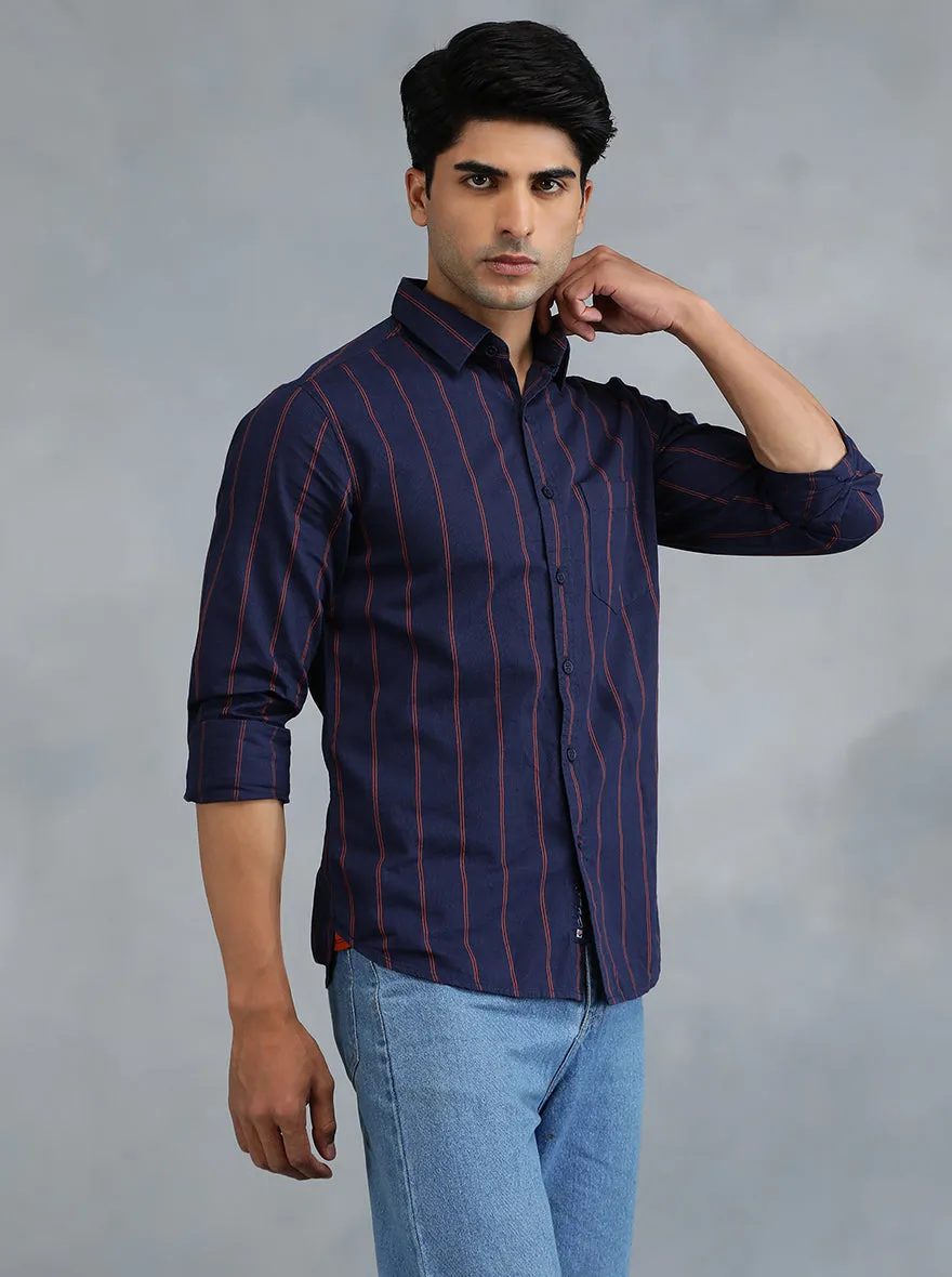 Navy Blue Striped Slim Fit Casual Shirt | Greenfibre