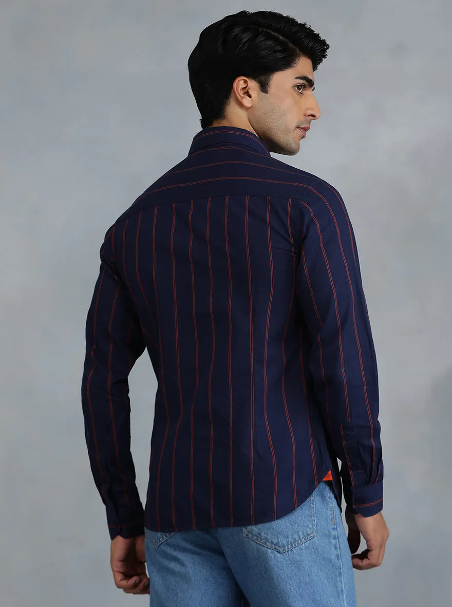 Navy Blue Striped Slim Fit Casual Shirt | Greenfibre