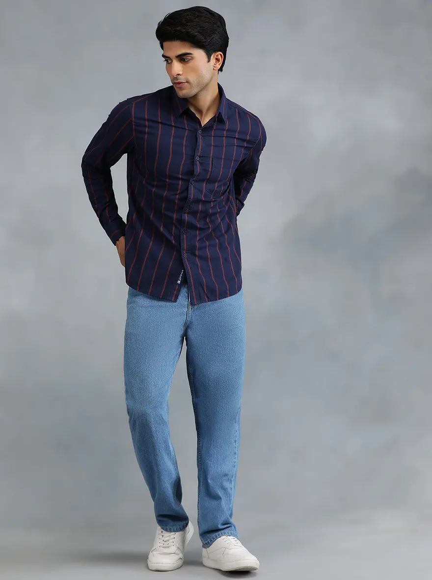 Navy Blue Striped Slim Fit Casual Shirt | Greenfibre
