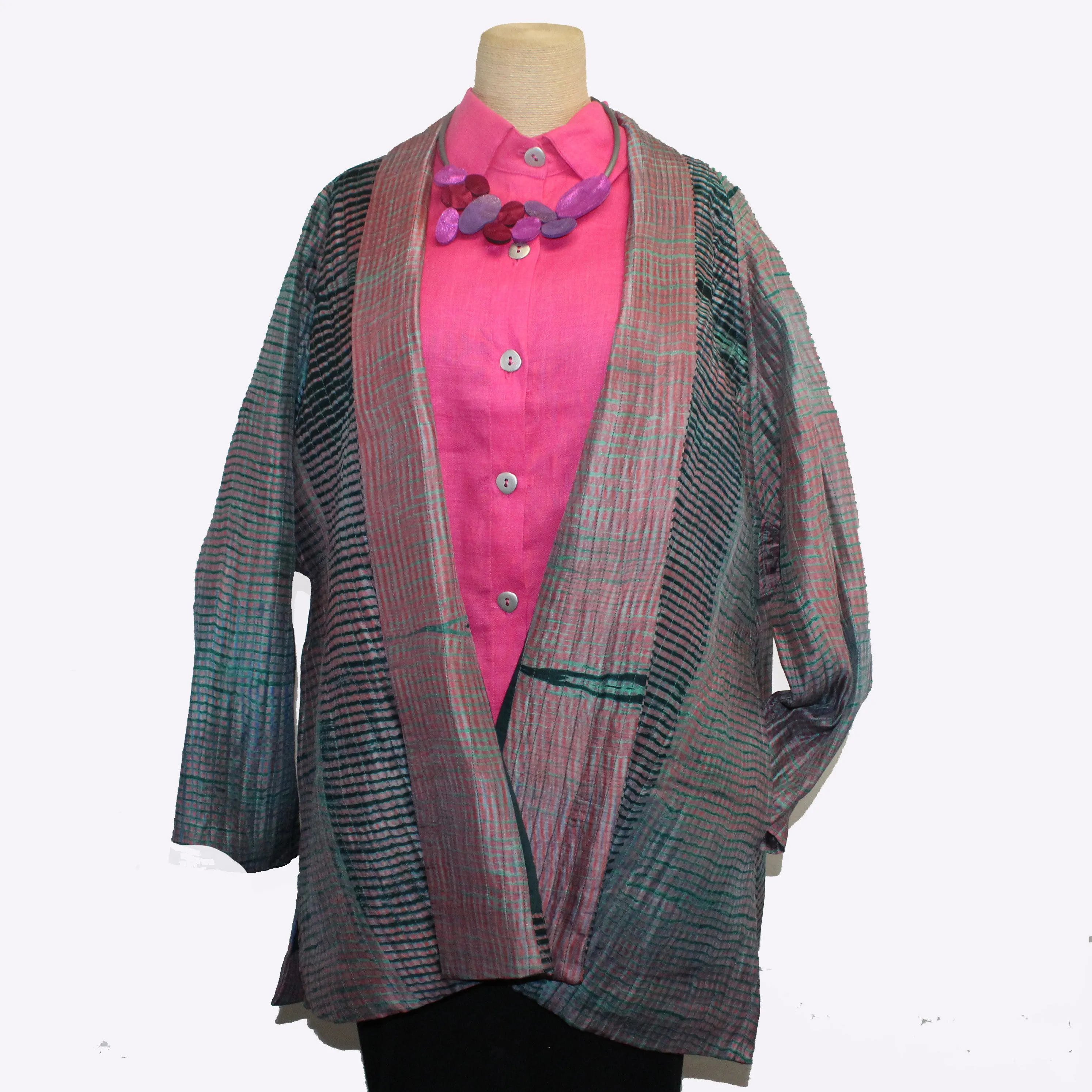 Neeru Kumar Jacket, Shibori Silk, Pink/Teal XL