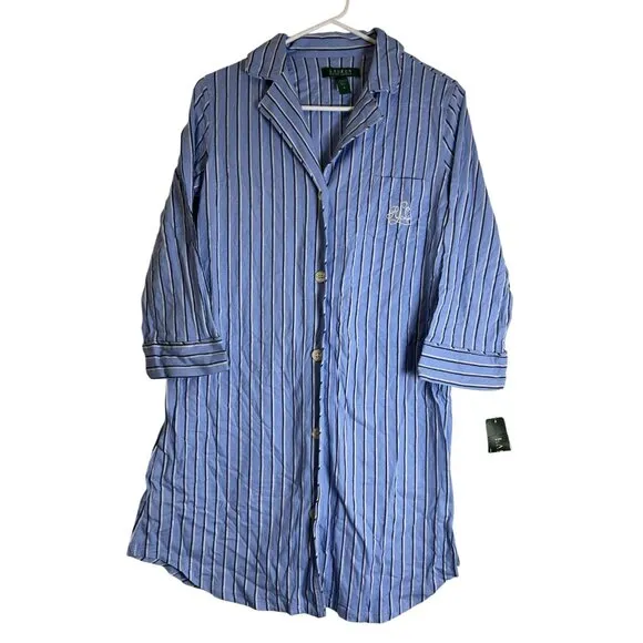 NWT Lauren Ralph Lauren S Blue White Stripe Cotton Pullover Night Gown Sleep Shi