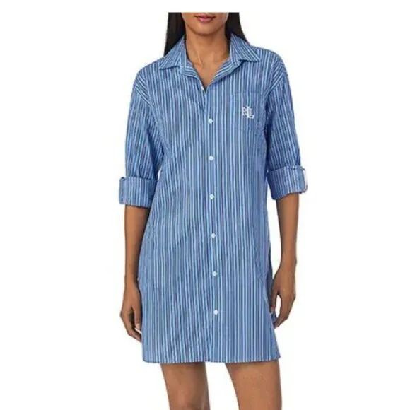 NWT Lauren Ralph Lauren S Blue White Stripe Cotton Pullover Night Gown Sleep Shi