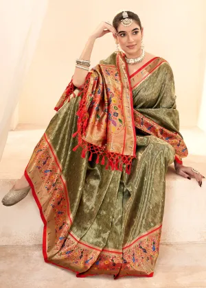 Olive Green Woven Paithani Tissue Silk Saree