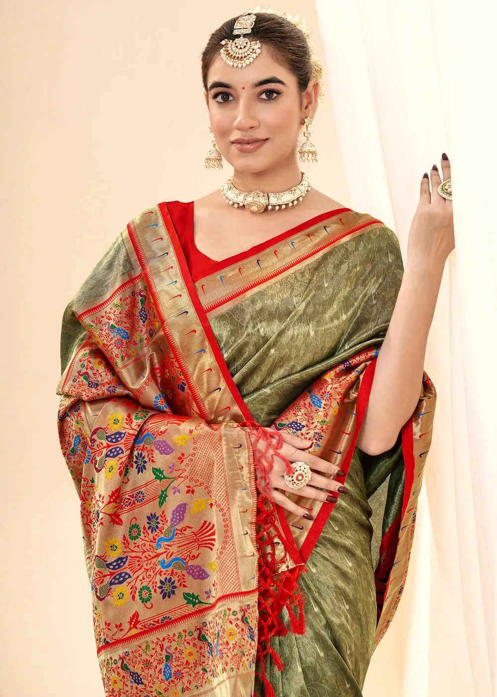 Olive Green Woven Paithani Tissue Silk Saree