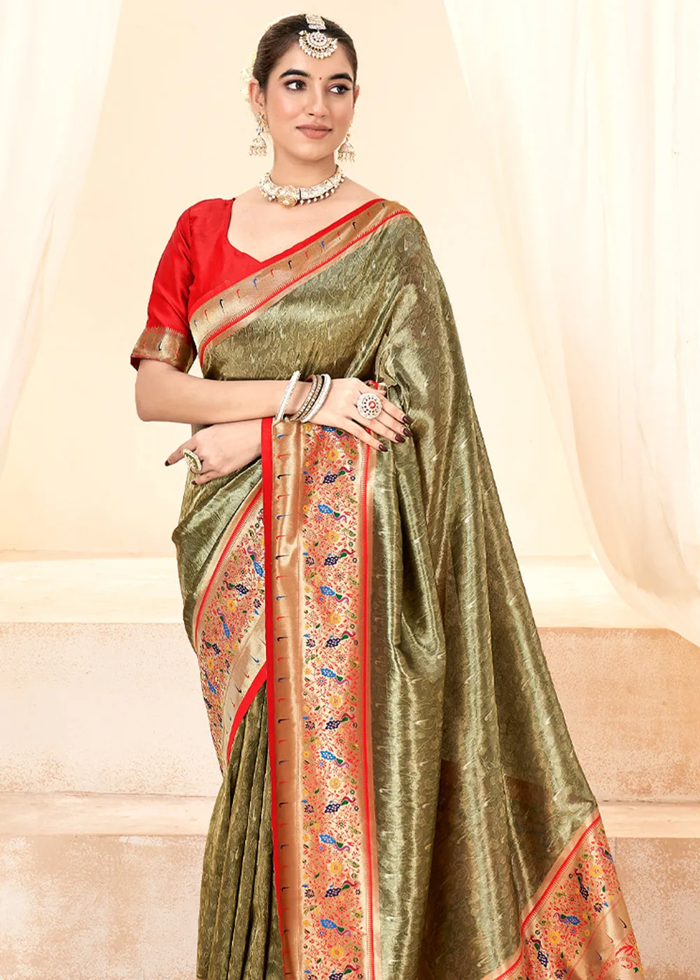 Olive Green Woven Paithani Tissue Silk Saree