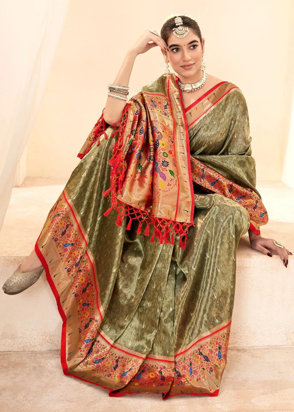 Olive Green Woven Paithani Tissue Silk Saree