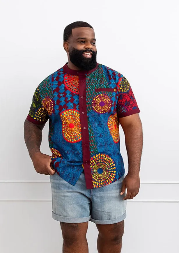 Olu Men's African Print Mandarin Collar Shirt (New Harvest Multipattern)