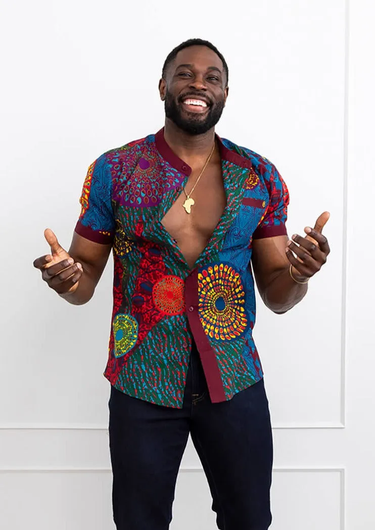 Olu Men's African Print Mandarin Collar Shirt (New Harvest Multipattern)