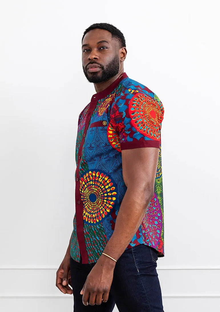 Olu Men's African Print Mandarin Collar Shirt (New Harvest Multipattern)