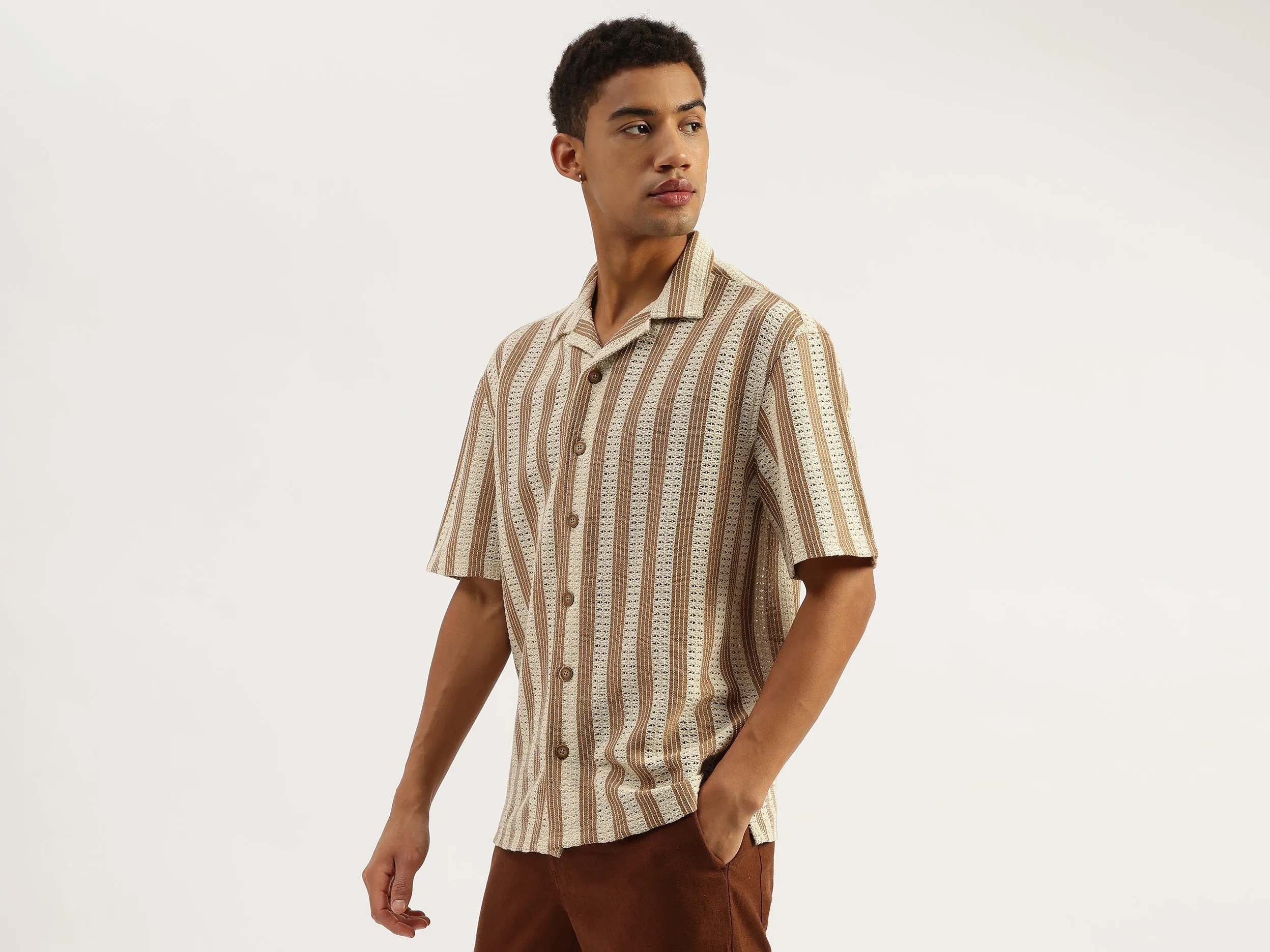 Oversize Fit Resort Collar Crochet Striped Shirt