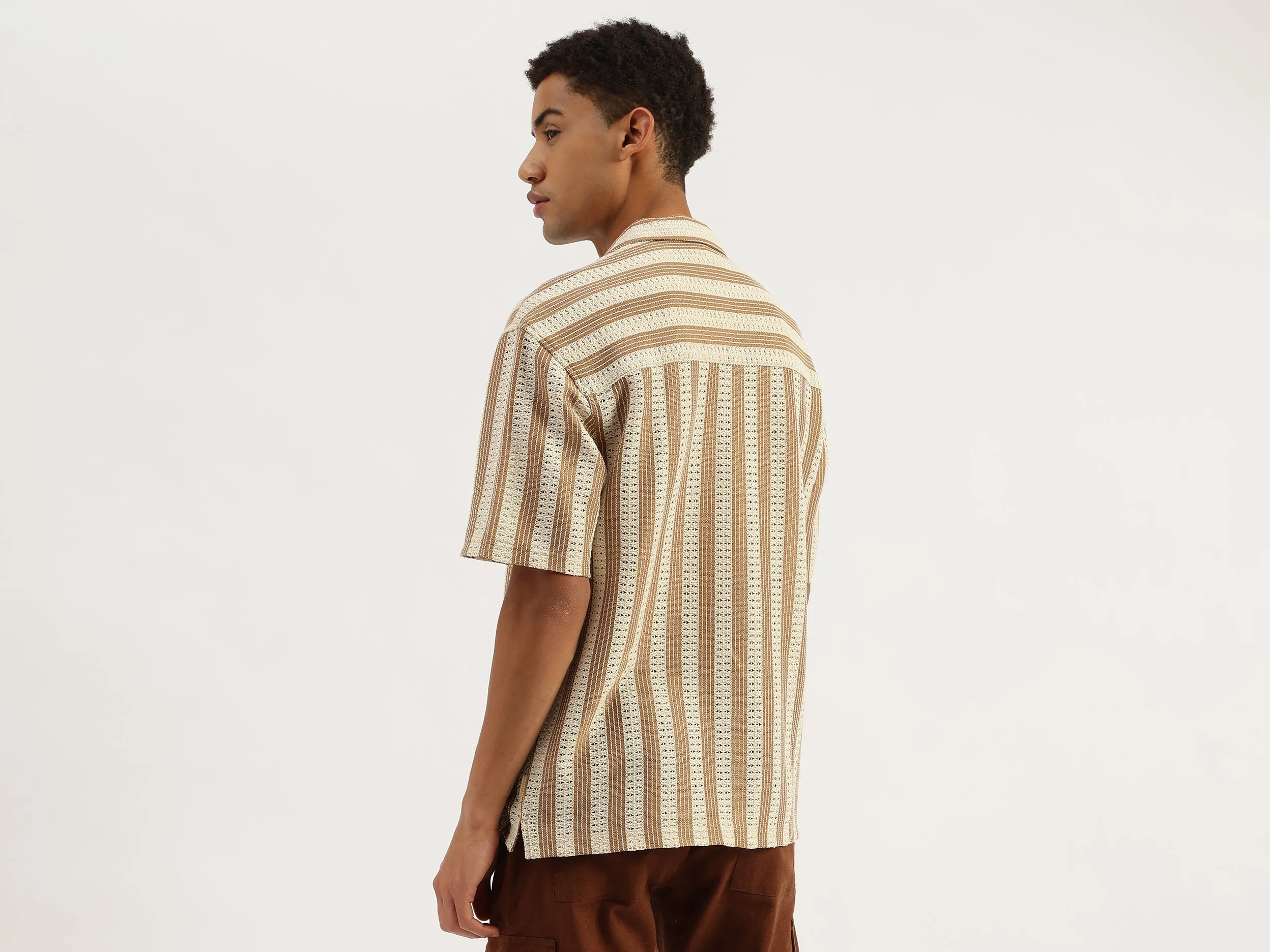 Oversize Fit Resort Collar Crochet Striped Shirt