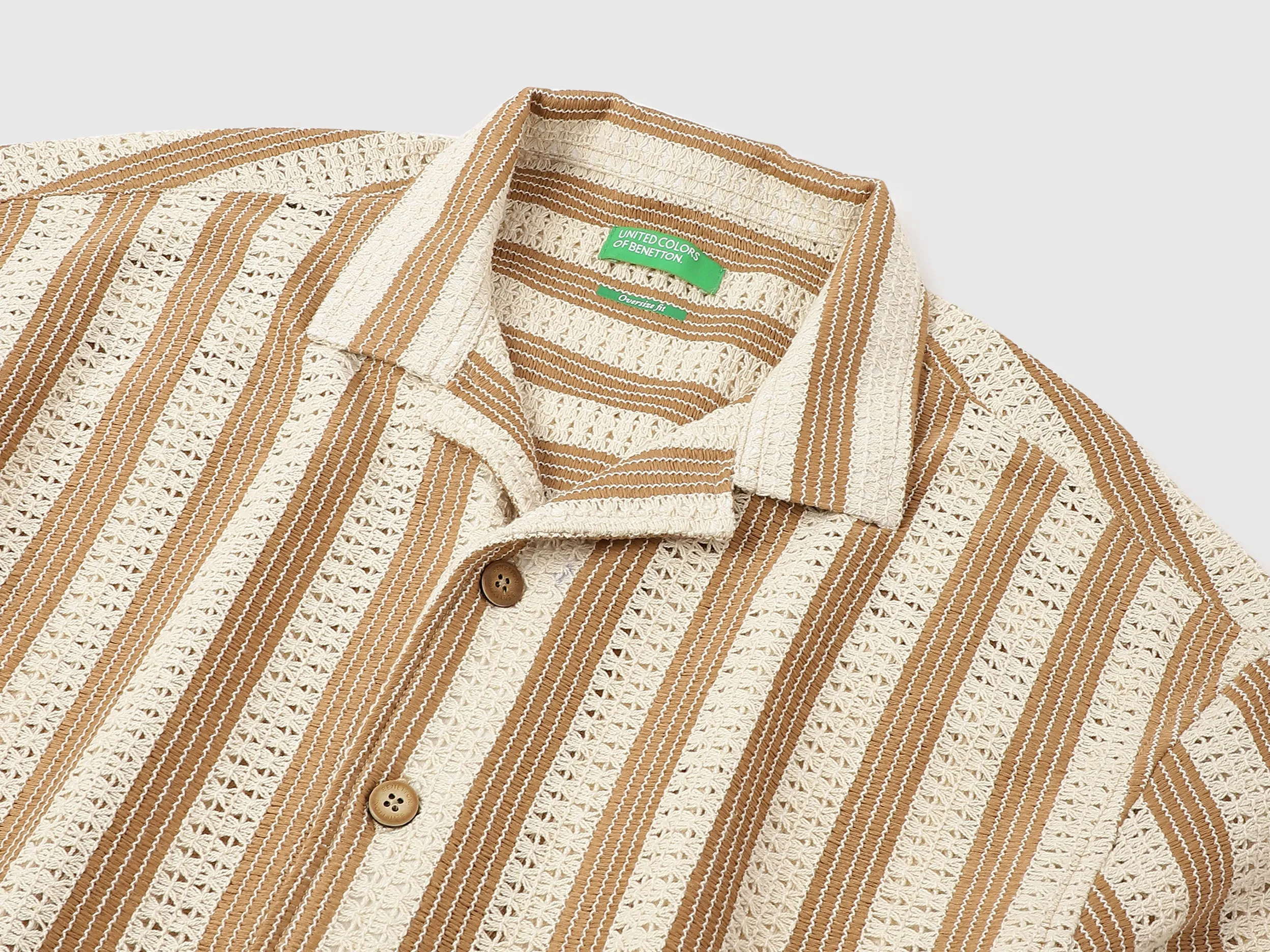 Oversize Fit Resort Collar Crochet Striped Shirt