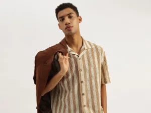 Oversize Fit Resort Collar Crochet Striped Shirt