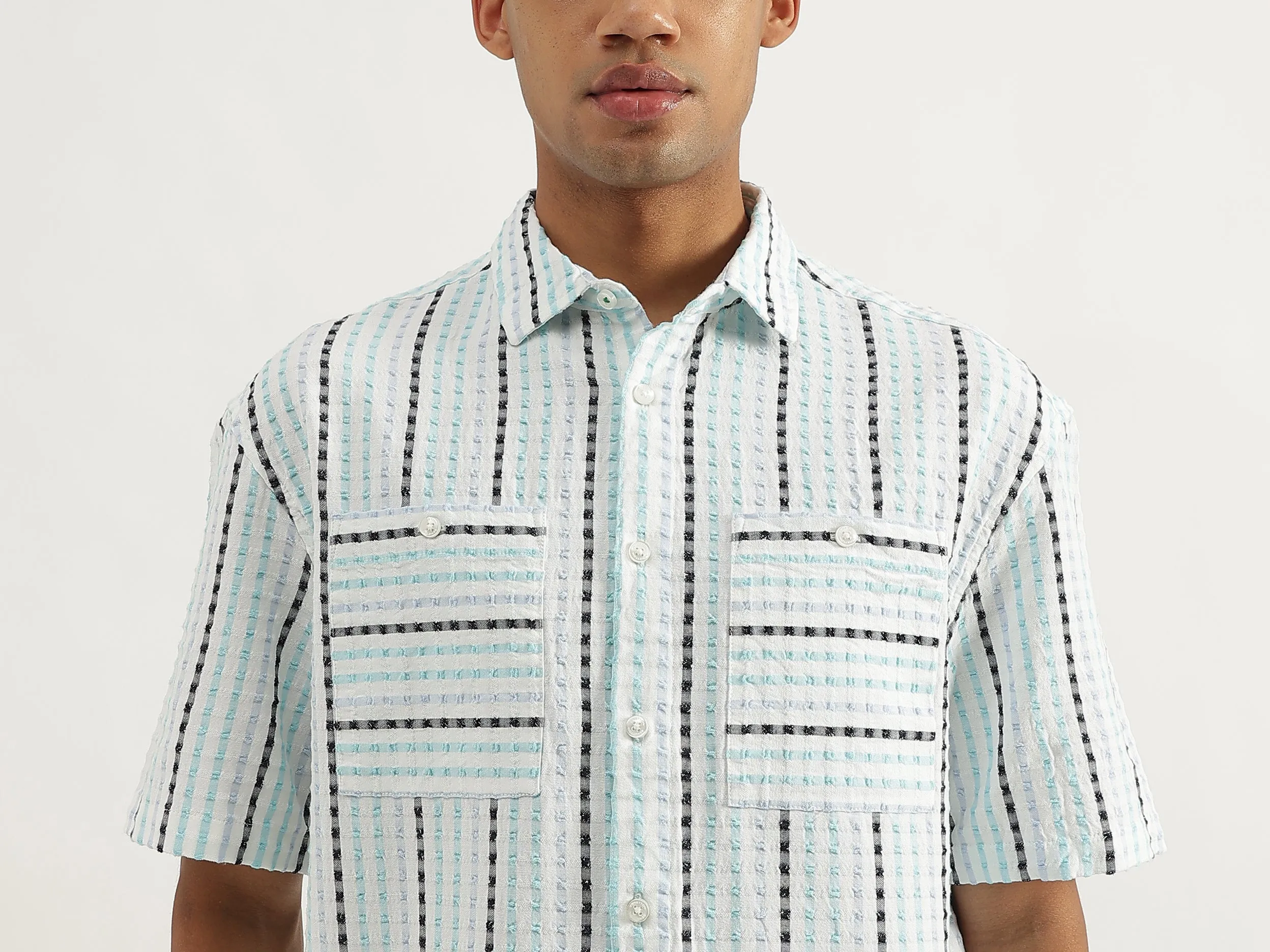 Oversized Fit Spread Collar Crinkle Dobby Striped Shirt