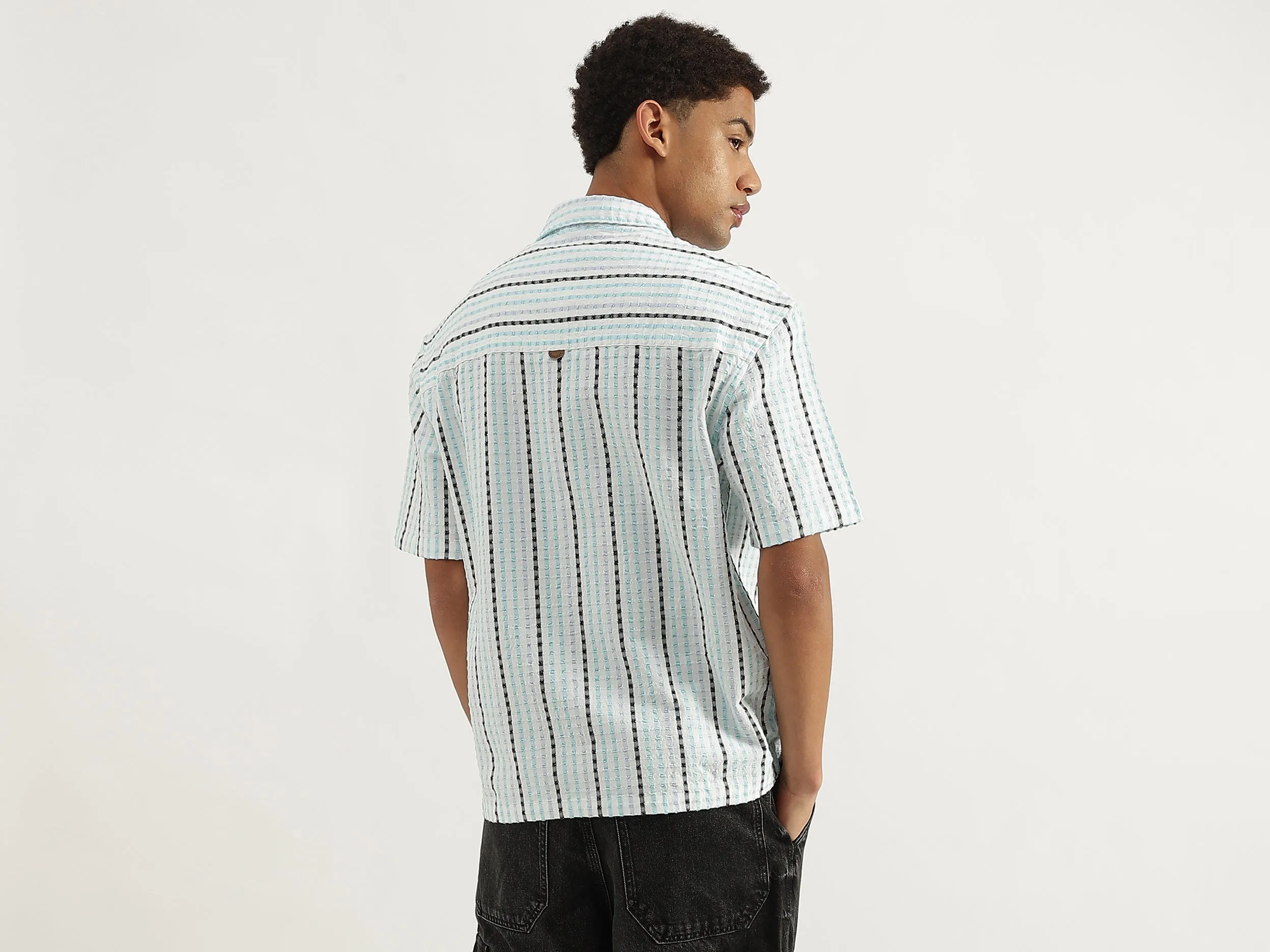 Oversized Fit Spread Collar Crinkle Dobby Striped Shirt