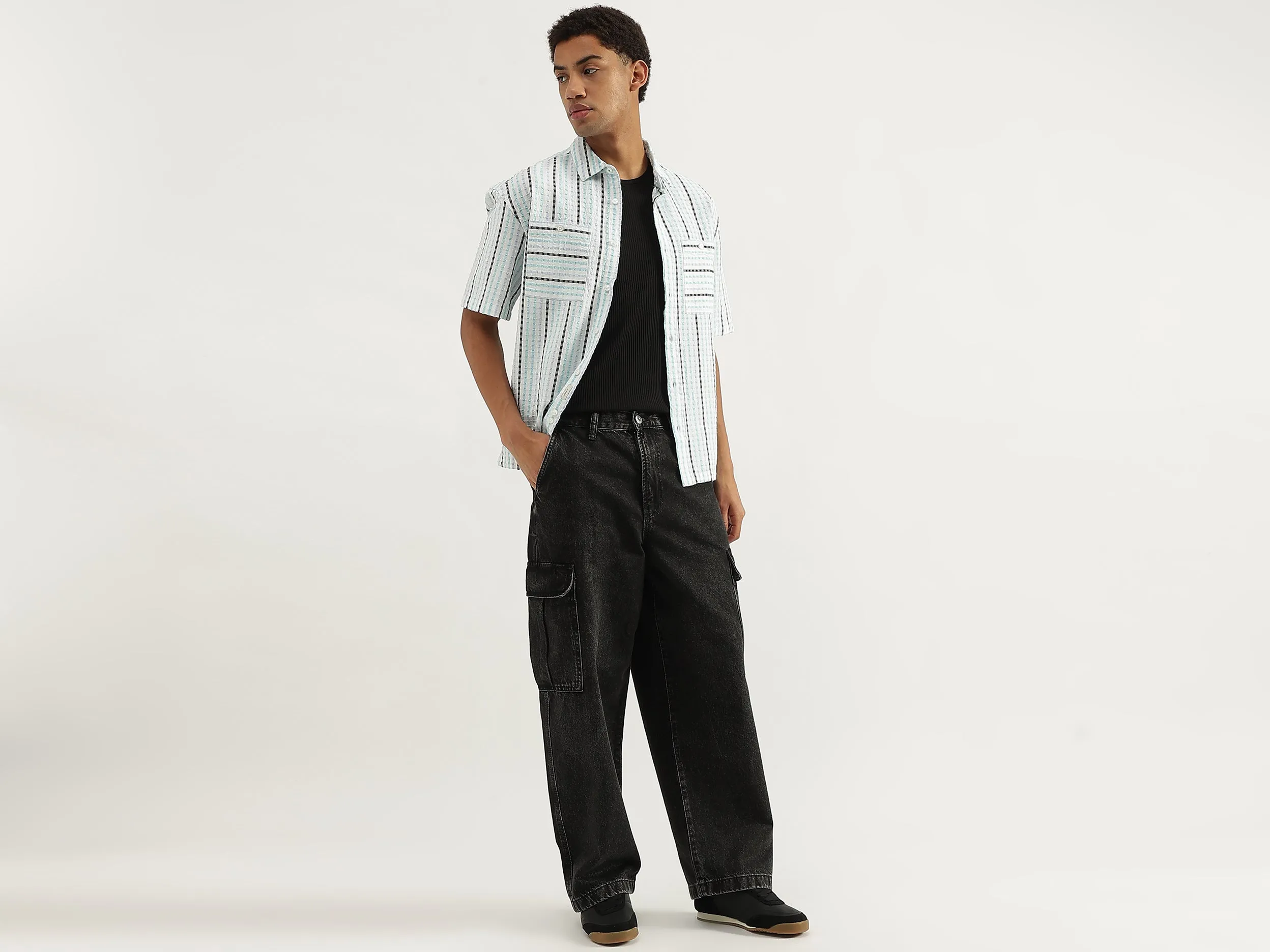 Oversized Fit Spread Collar Crinkle Dobby Striped Shirt