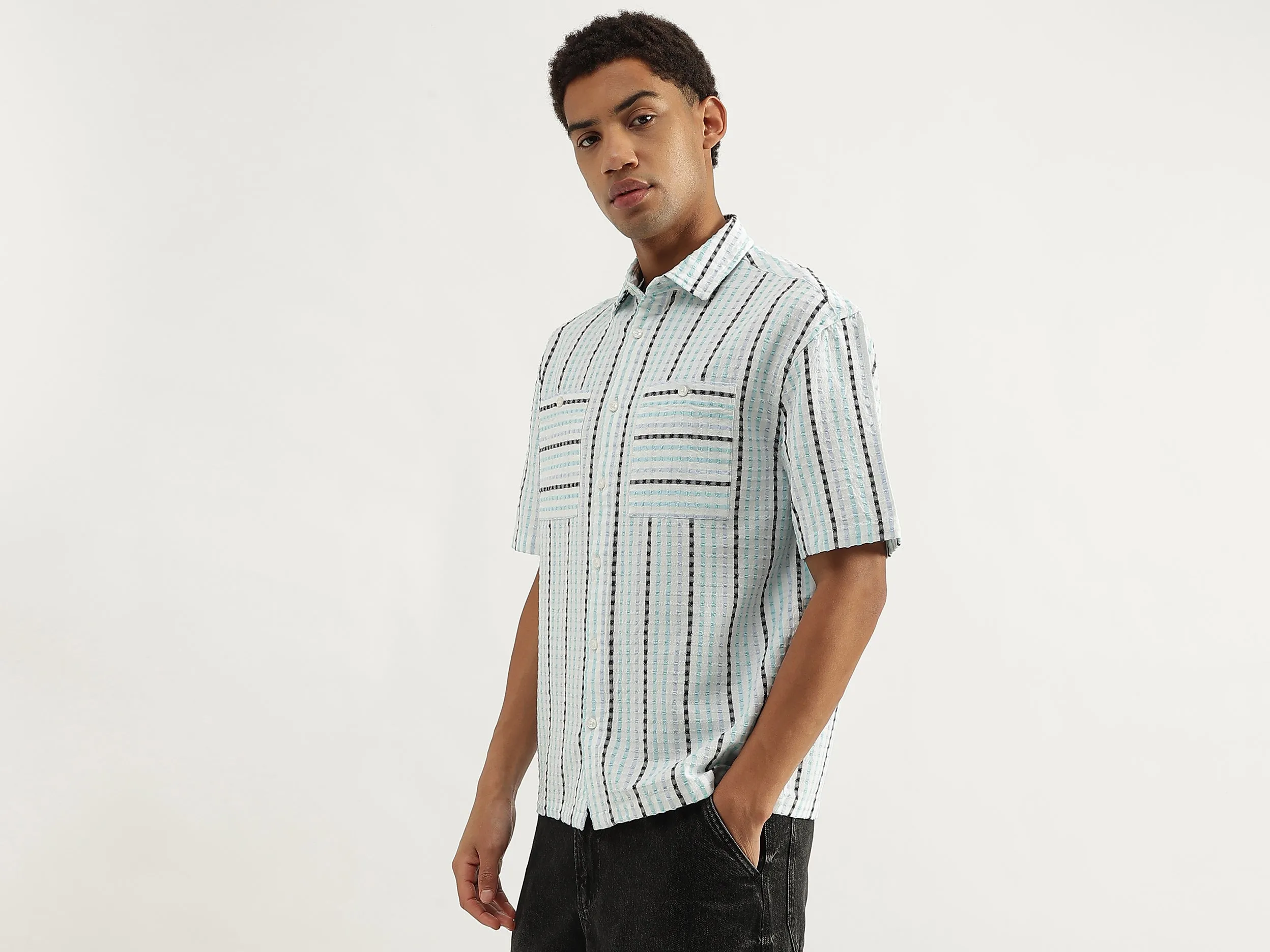 Oversized Fit Spread Collar Crinkle Dobby Striped Shirt