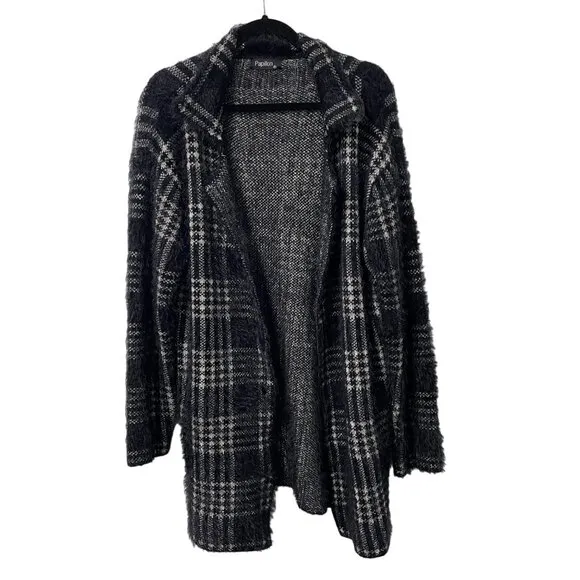 PAPILLON CARDIGAN SWEATER SIZE M BLACK WHITE CHECK PLAID LONG WARM COZY POCKETS