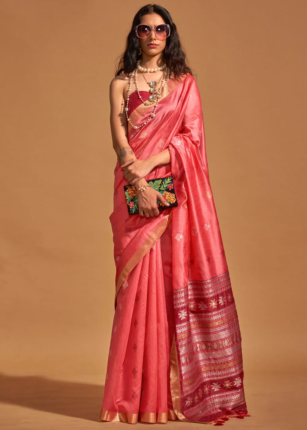 Peach Pink Woven Banarasi Silk Saree