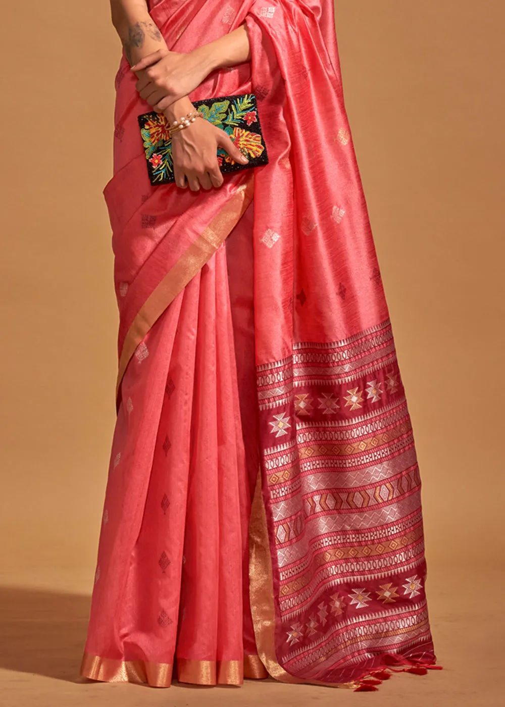Peach Pink Woven Banarasi Silk Saree