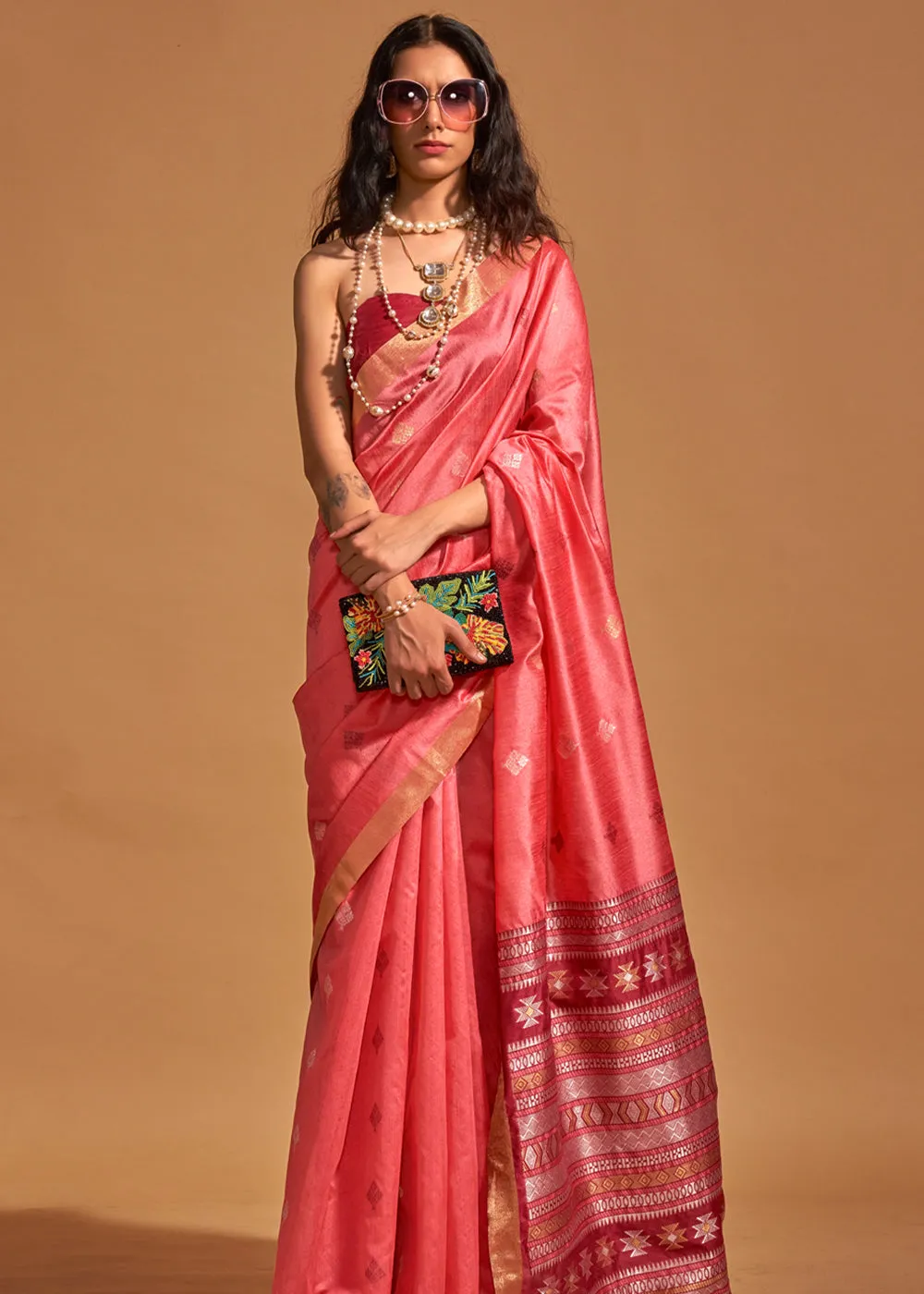 Peach Pink Woven Banarasi Silk Saree