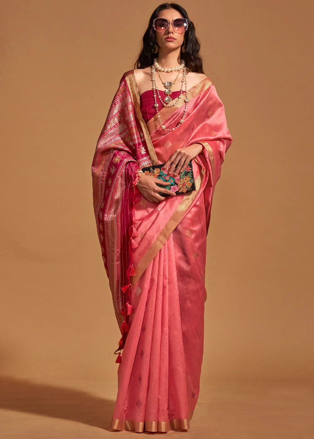 Peach Pink Woven Banarasi Silk Saree