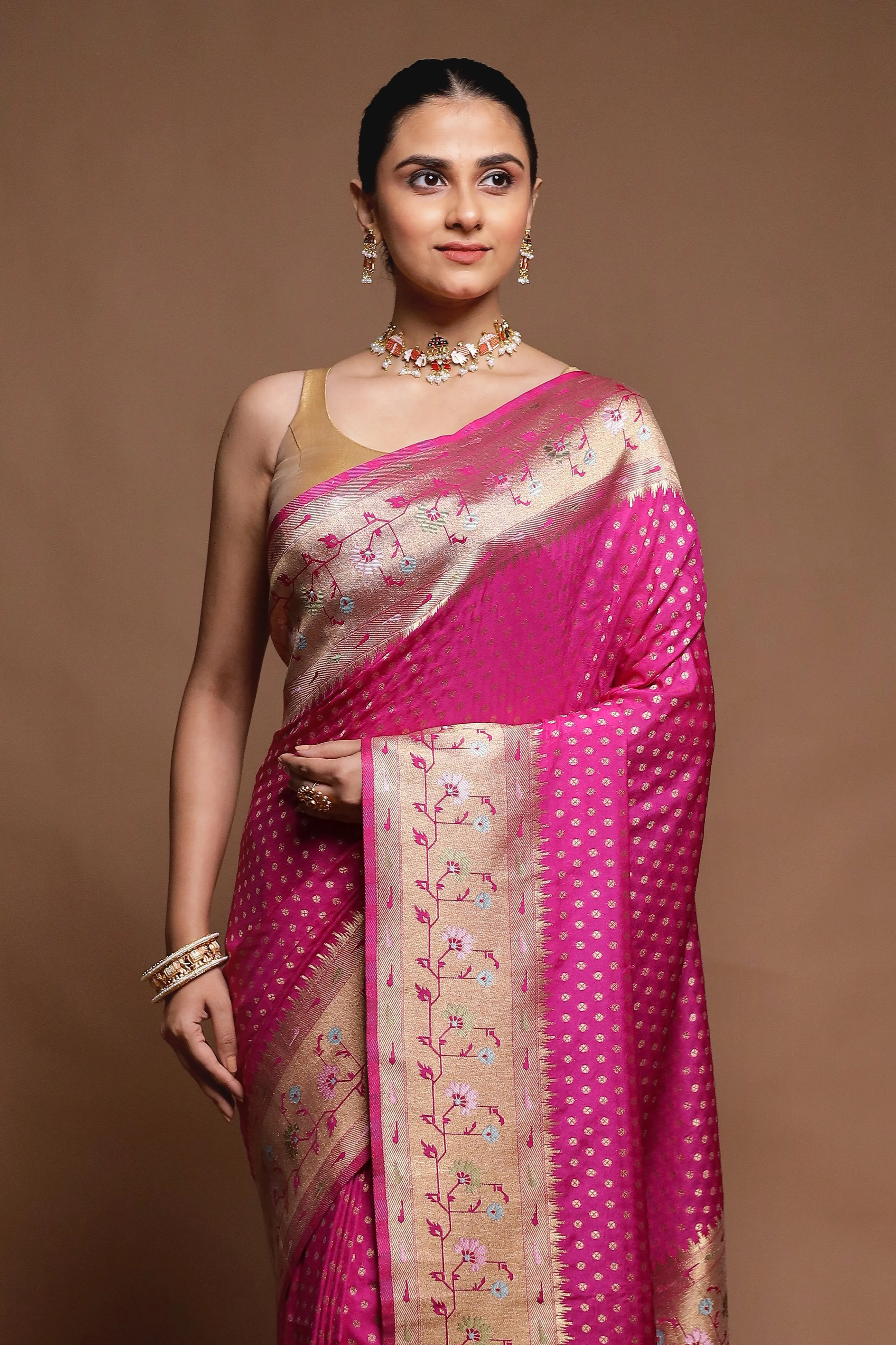 Pink Dupion Silk Saree With Blouse Piece