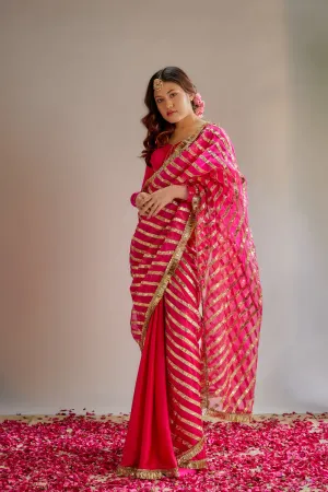 Pink Modal Silk-Organza Gota Work Saree Set