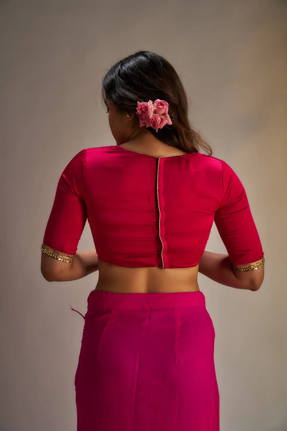 Pink Modal Silk-Organza Gota Work Saree Set