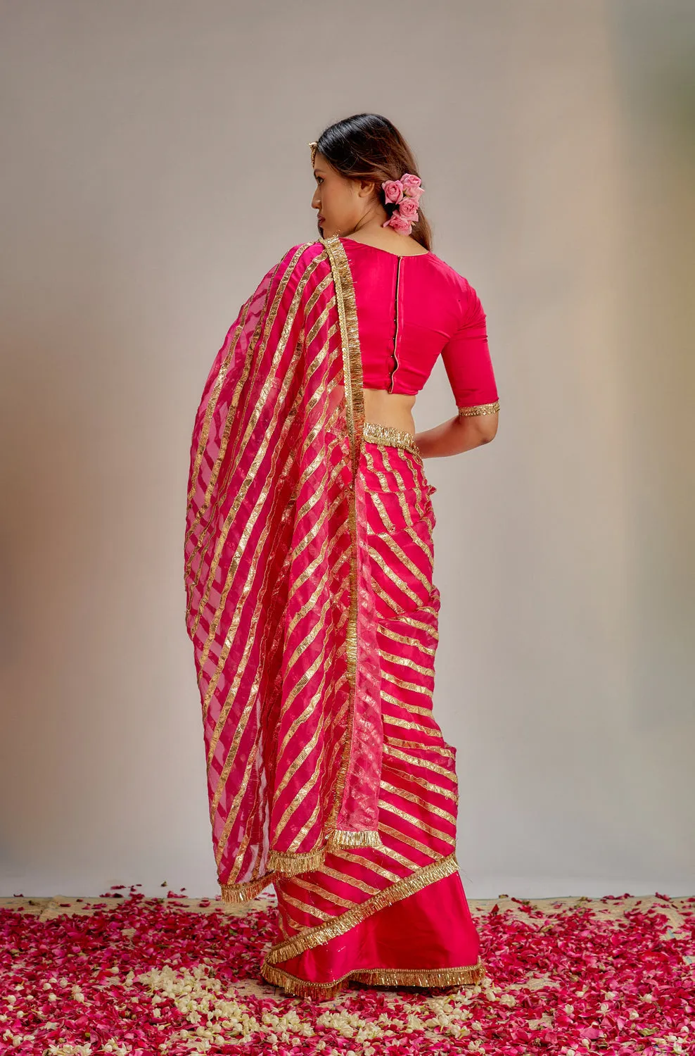 Pink Modal Silk-Organza Gota Work Saree Set