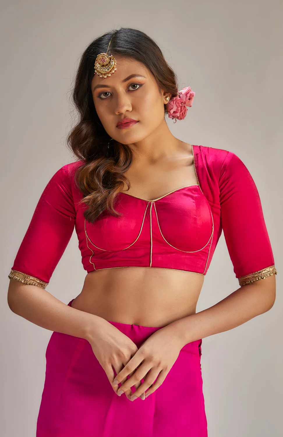 Pink Modal Silk-Organza Gota Work Saree Set