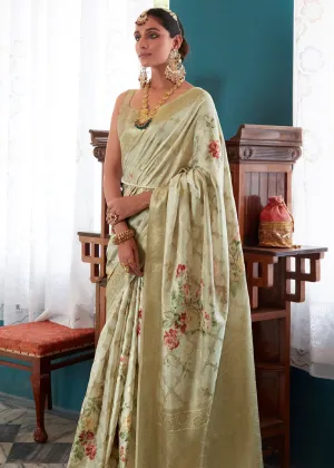 Pista Green Woven Banarasi Silk Saree With Floral Print