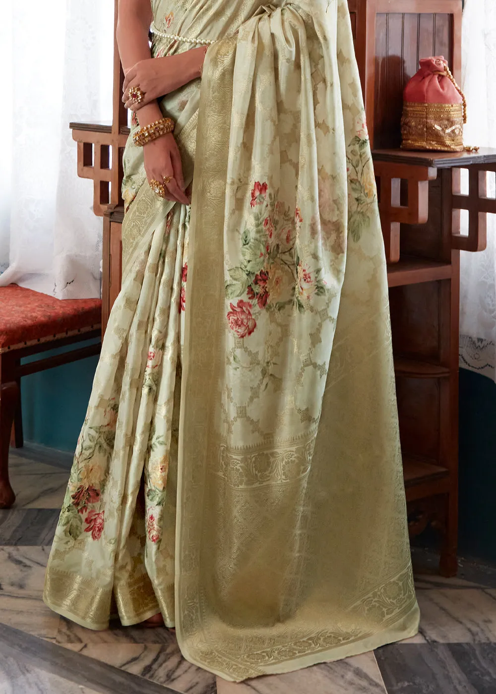 Pista Green Woven Banarasi Silk Saree With Floral Print