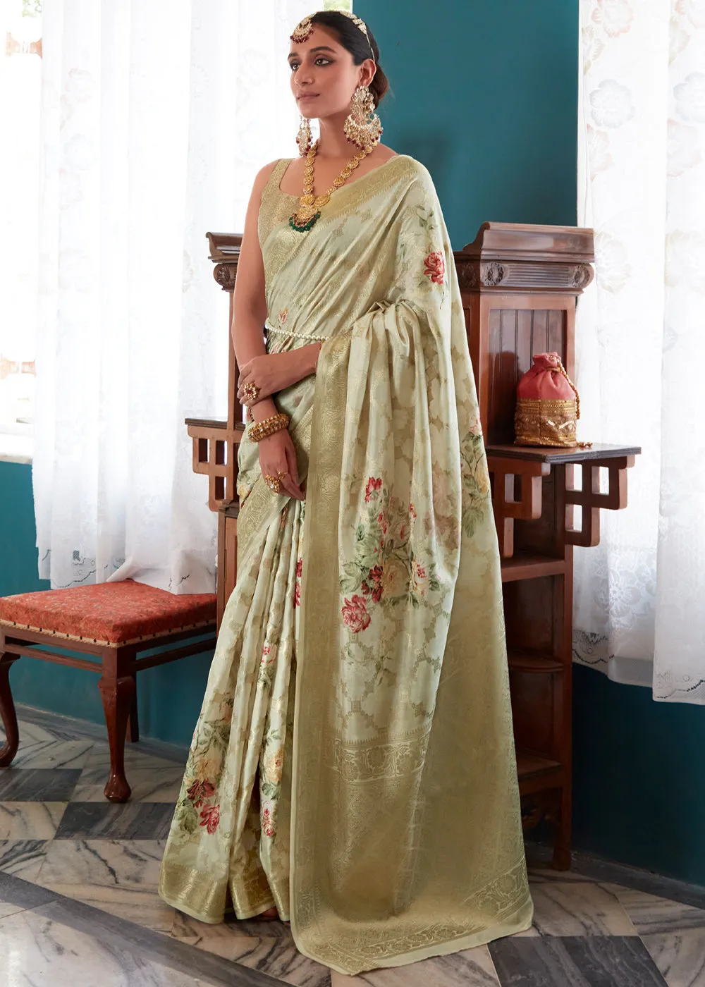 Pista Green Woven Banarasi Silk Saree With Floral Print