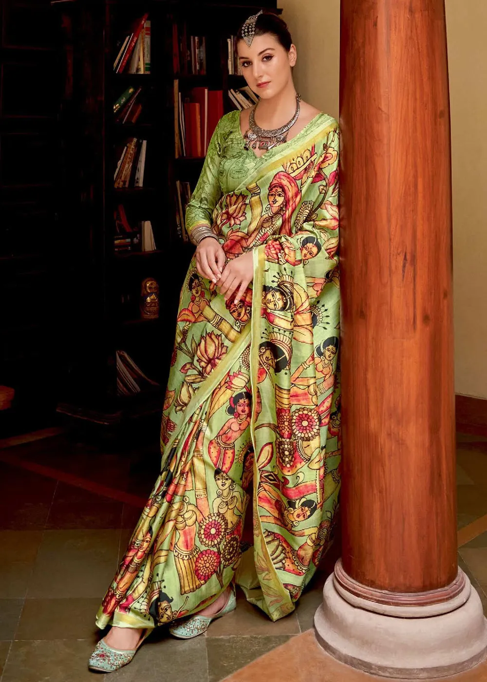 Pistachio Green Printed Soft Silk Saree