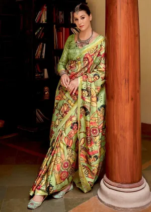 Pistachio Green Printed Soft Silk Saree