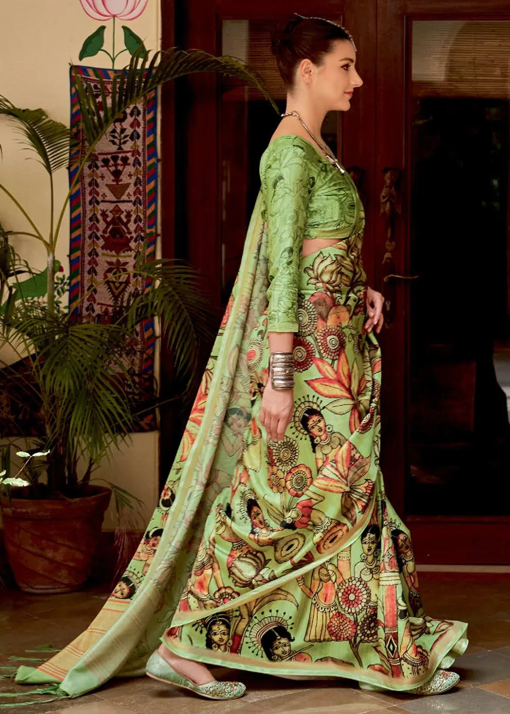Pistachio Green Printed Soft Silk Saree