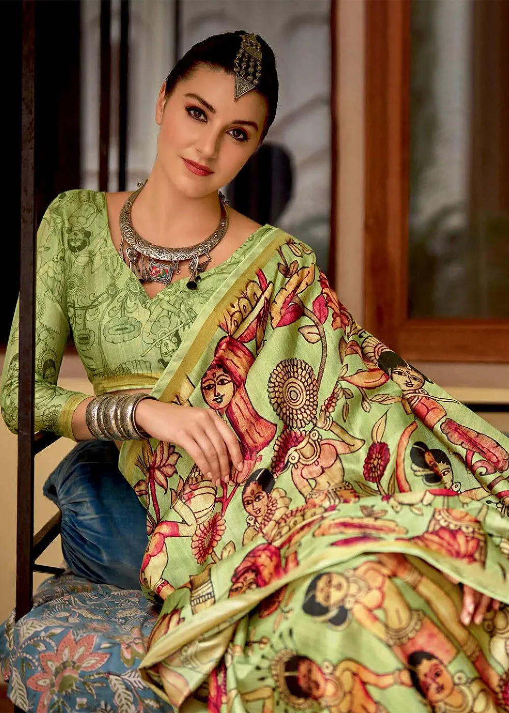 Pistachio Green Printed Soft Silk Saree