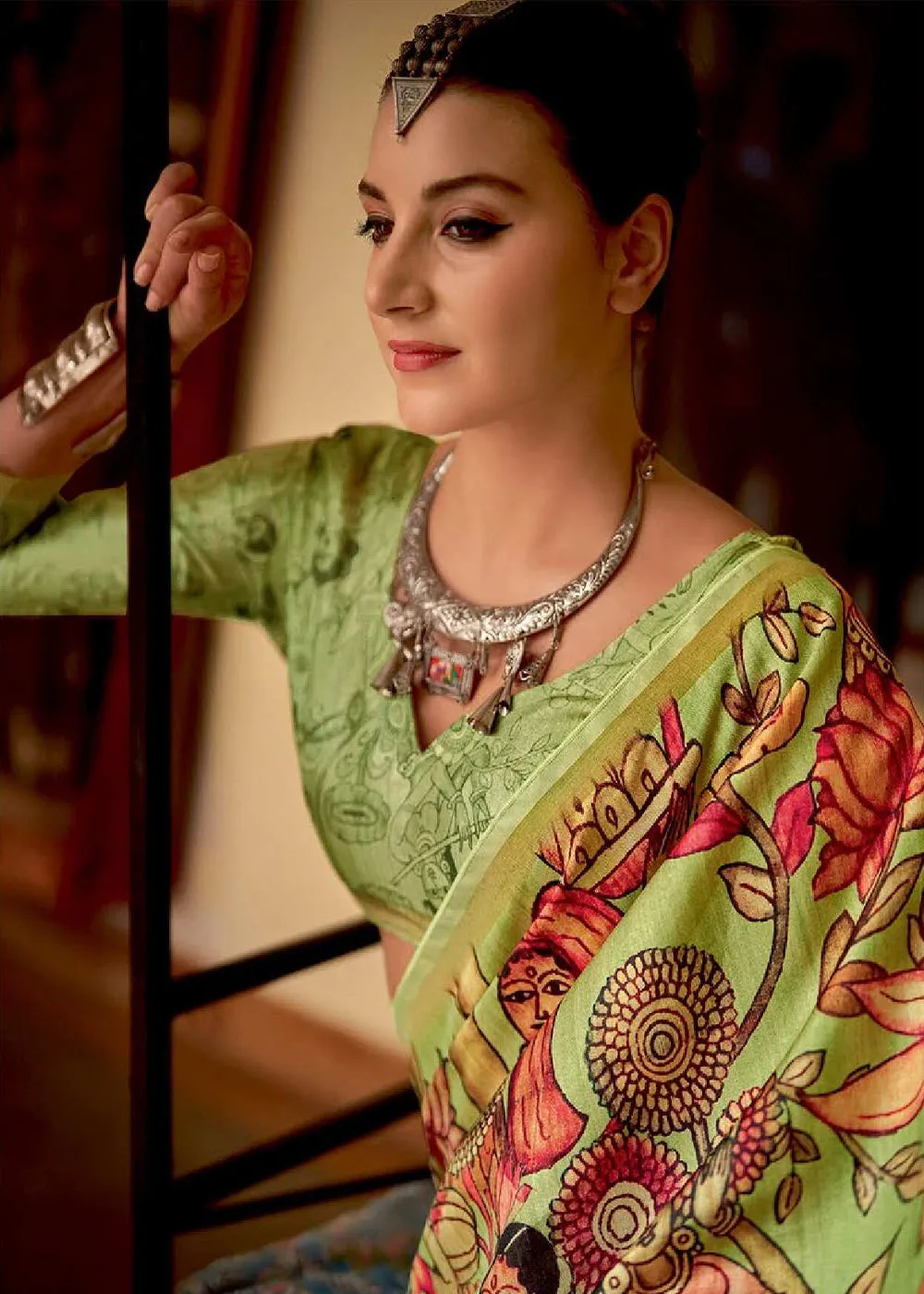 Pistachio Green Printed Soft Silk Saree